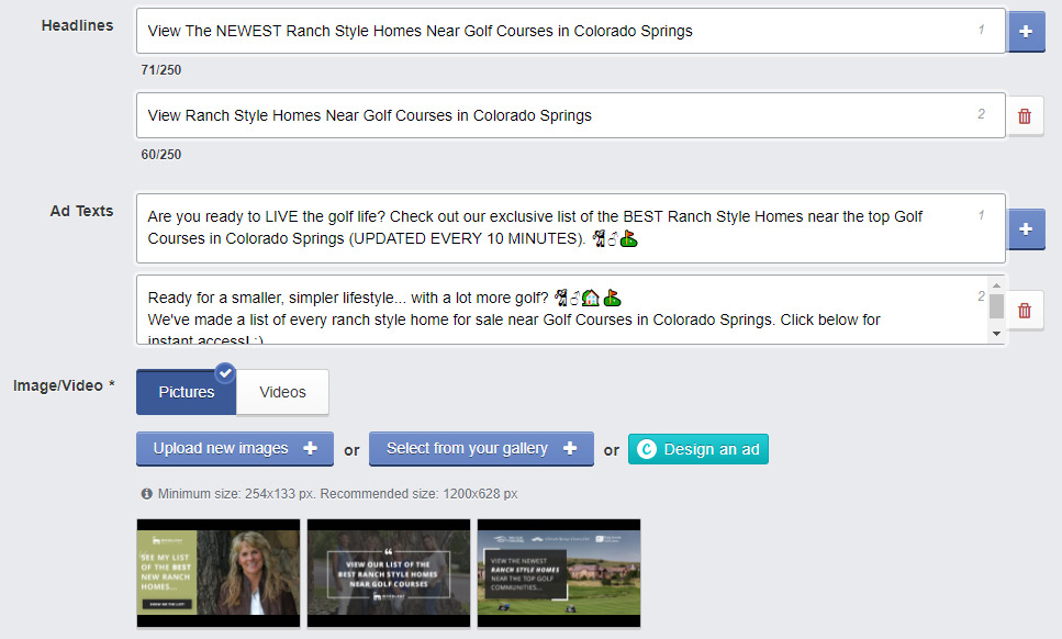 Facebook real estate ad headlines, ad texts, image/video