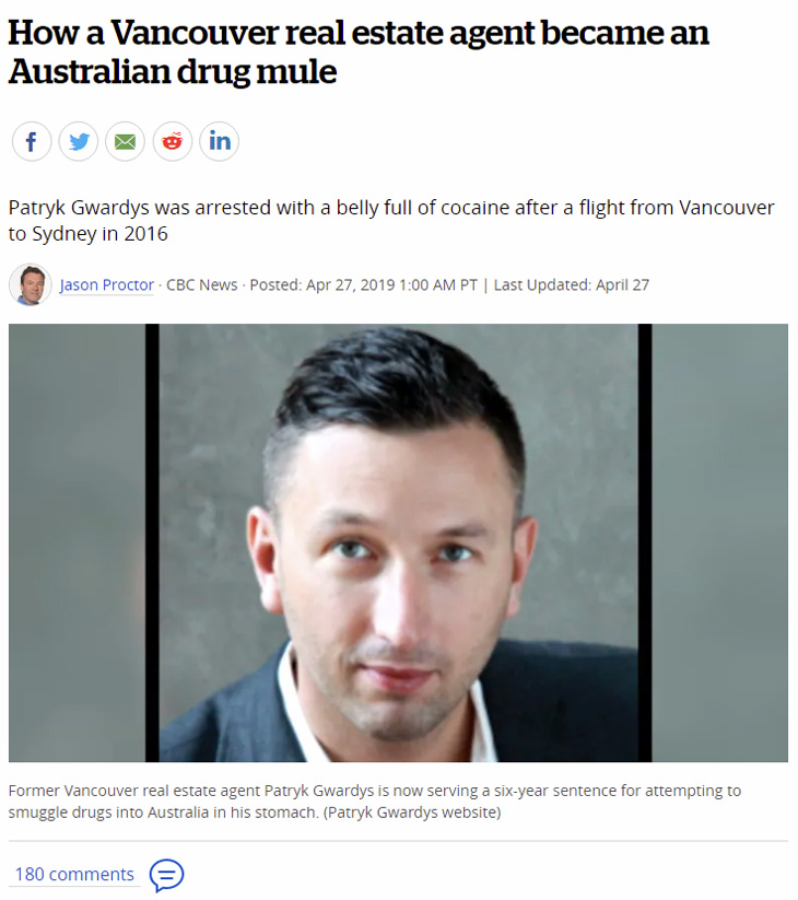 Newspaper headline Vancouver drug mule