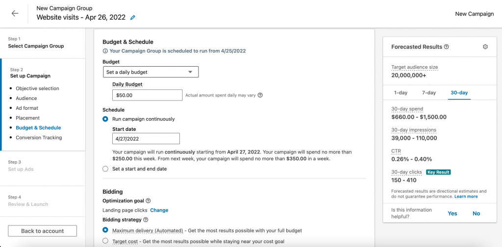 LinkedIn Campaign Manager Budget and Schedule page 