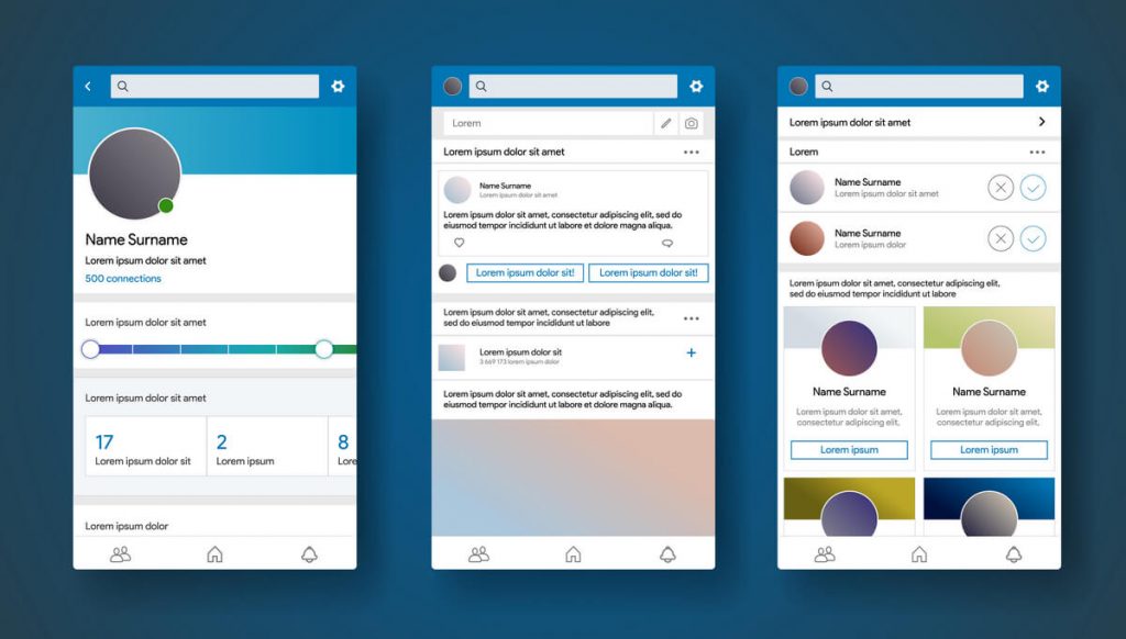 LinkedIn app - 3 example screens 